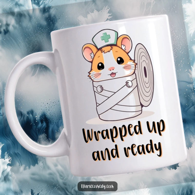 Funny Hamster Nurse Mug showing a curious hamster nurse peeking from behind a giant bandage, great for animal lovers.