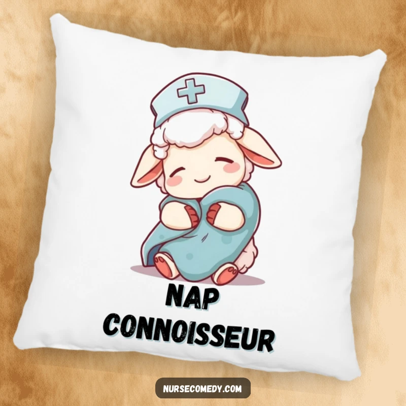 Funny sheep nurse character on a soft pillow, nightcap, comfort blanket, offering ultimate comfort and a touch of humor.