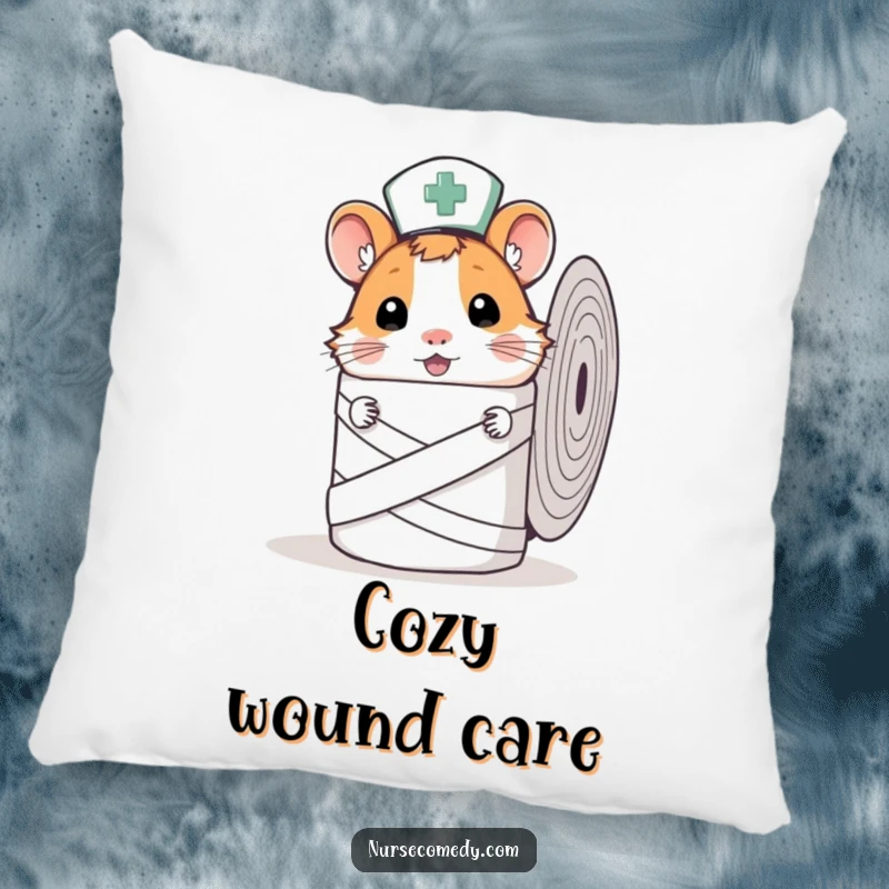 Cozy Funny Hamster Nurse Pillow with a curious hamster nurse peeking from behind a bandage roll, offering comfort.