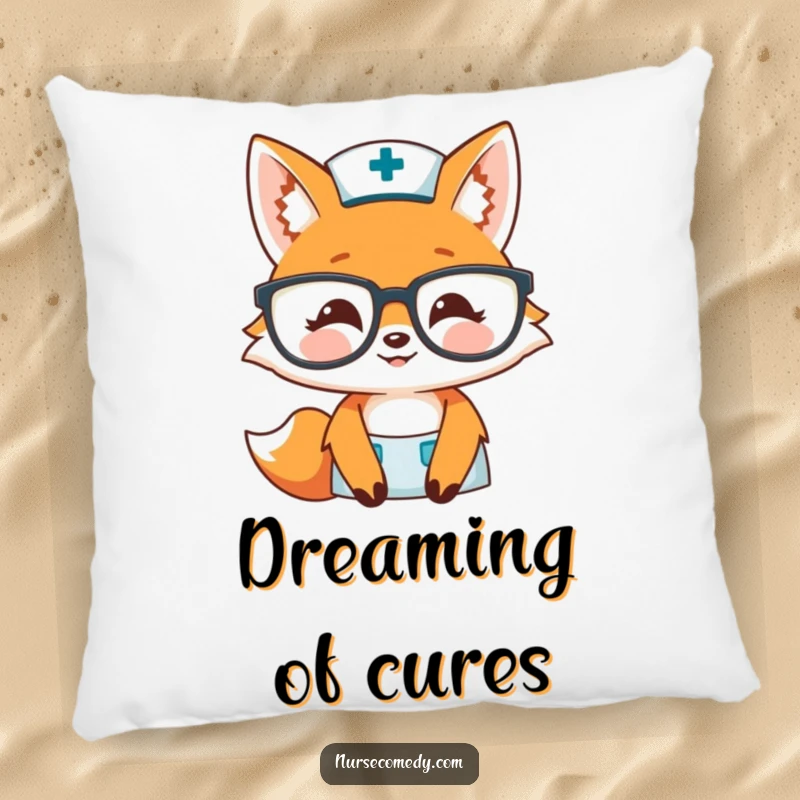 Funny fox nurse pillow featuring a smiling fox behind big glasses, a soft and humorous decorative item for ultimate comfort.