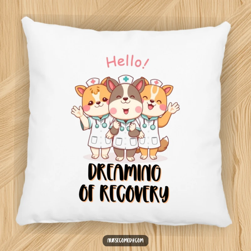 Funny animal nurse characters giving a warm wave hello, presented on a soft and decorative pillow.