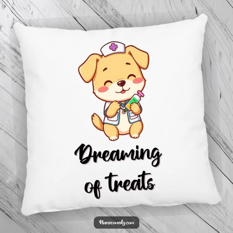 Funny dog nurse playfully administering a vitamin shot, printed on a soft pillow, a humorous and comforting funny gift.