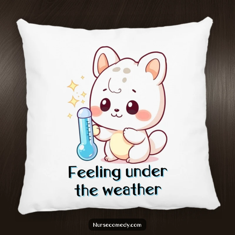 Funny pillow featuring a cute kawaii animal character curiously observing a sparkling thermometer, providing humorous comfort and decor.
