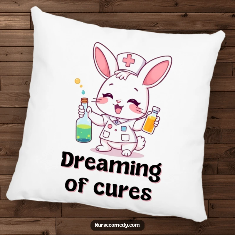 Funny Pillow: A bunny nurse excitedly gives a colorful potion. Soft, cozy, and full of whimsical humor.
