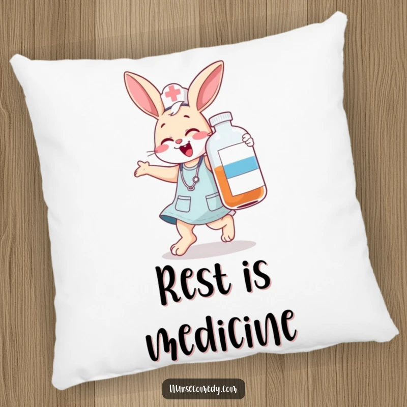 Funny bunny nurse pillow, a jumping character humorously giggling with a large medicine bottle, soft funny gift.