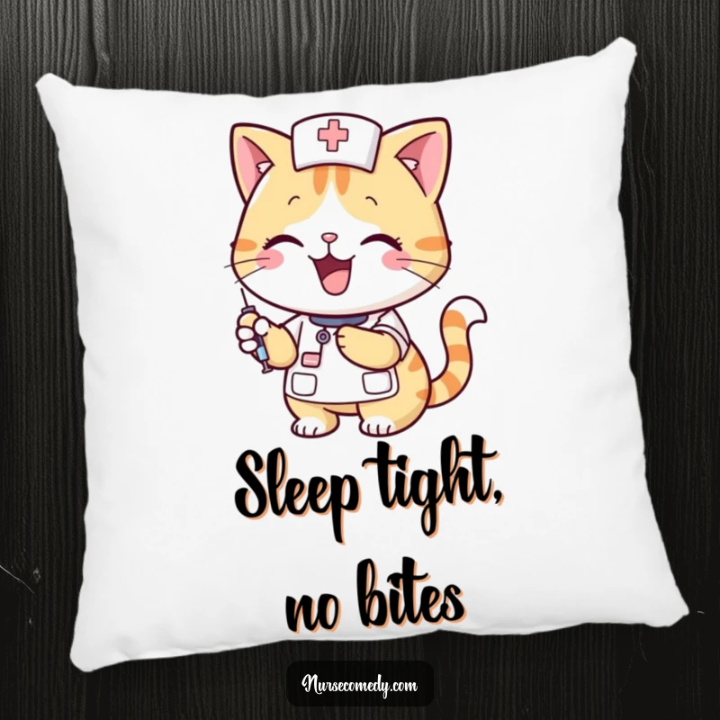 Funny cat nurse with a big smile holding a syringe, printed on a soft pillow, a humorous and comforting funny gift.