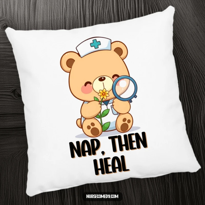 Funny kawaii bear nurse pillow gently inspecting a small flower with a magnifying glass, adding cozy charm.
