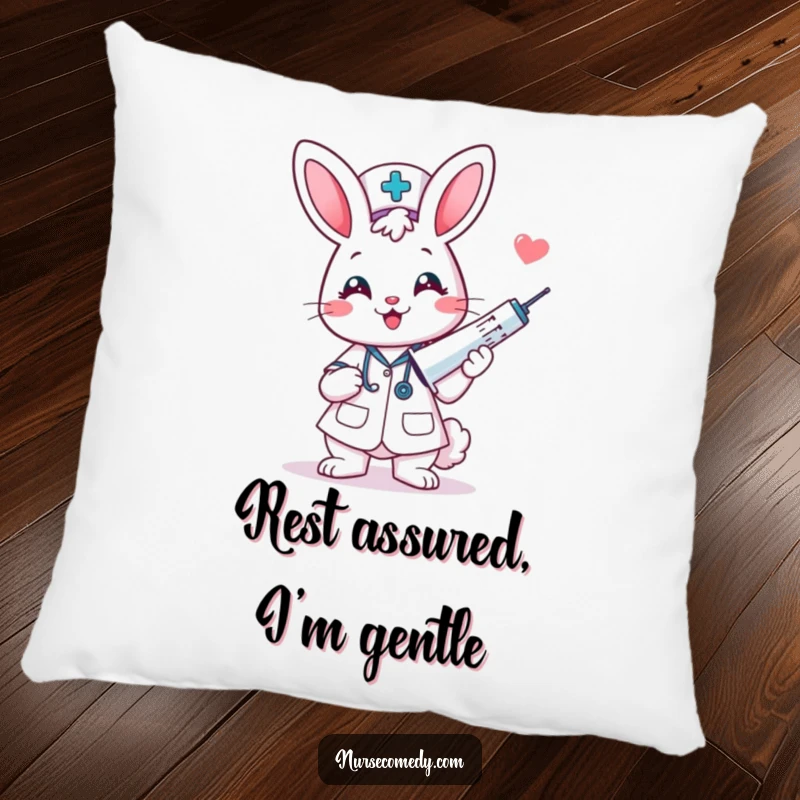 A soft pillow featuring a funny kawaii bunny nurse smiling while holding a giant syringe.