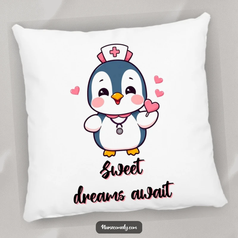 Funny Penguin Nurse Pillow featuring a happy penguin character distributing heart candies, providing a soft and humorous addition to any room.