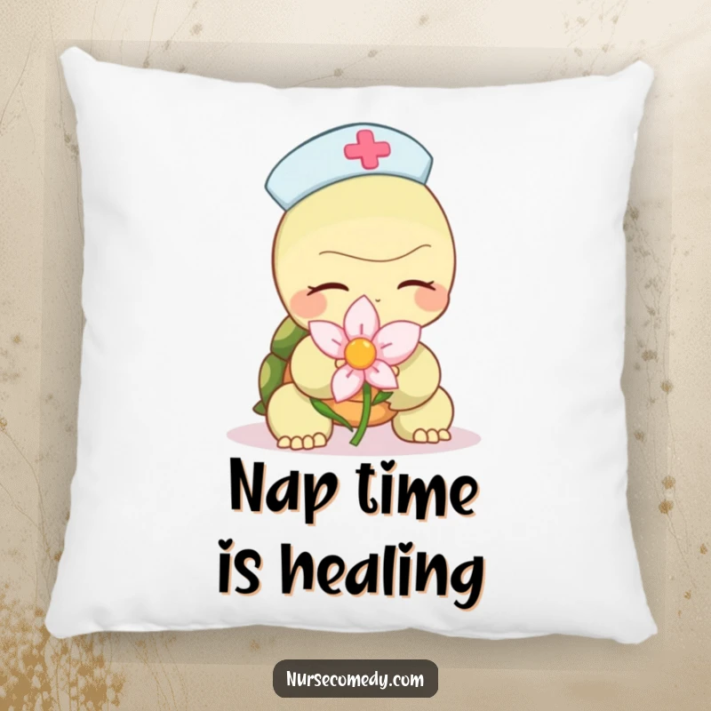 Funny turtle nurse pillow with a character slowly offering a calming flower, providing soft comfort and a touch of sweet, gentle humor.