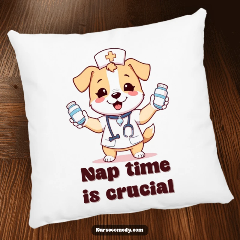 Funny decorative pillow showcasing a kawaii dog nurse actively juggling an assortment of medicine bottles with a look of pure, unadulterated glee.