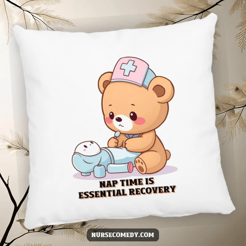 A soft pillow featuring a funny bear cub nurse attending to a toy patient, perfect for cozy decor.