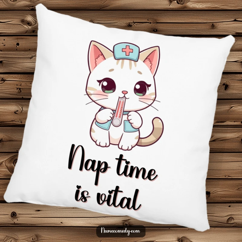 Funny cat nurse pillow featuring a curious cat with a thermometer, a soft and humorous decorative item for any home.