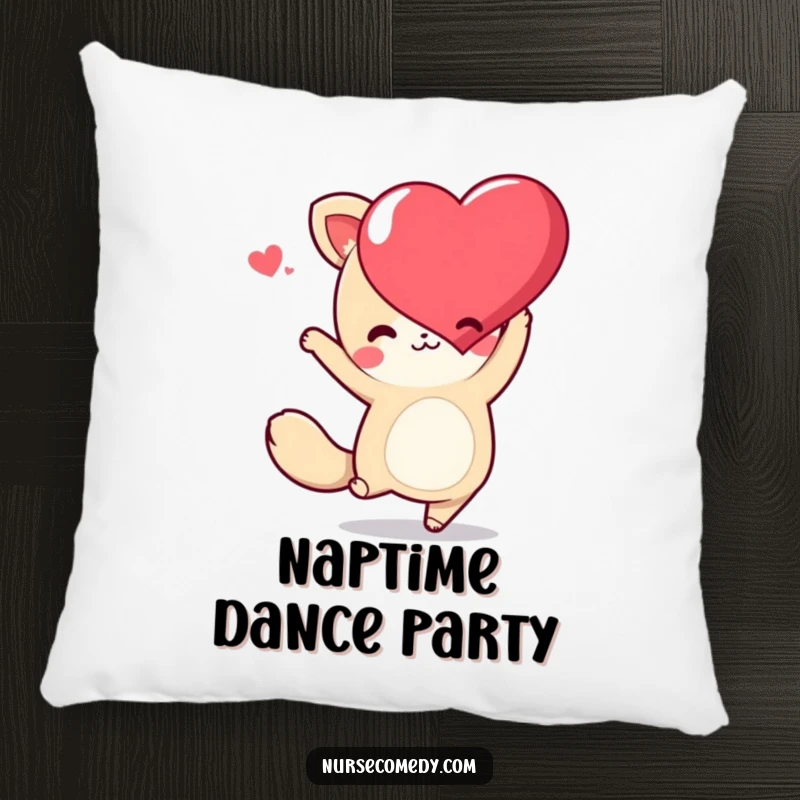 Funny Kawaii Animal Pillow with a cute character dancing playfully with a heart, designed for cozy fun and cheer.