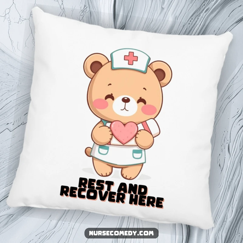 Funny Pillow: A bear nurse offers a heart-adorned bandage. Soft, cozy, and full of comforting humor.