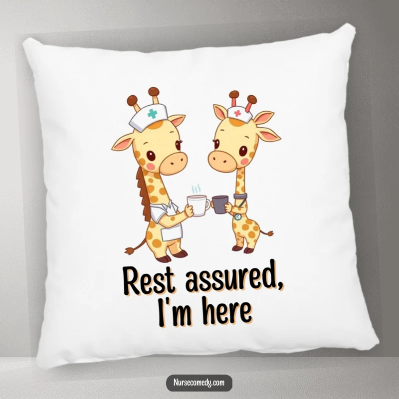 Funny giraffe nurse pillow, a giraffe in scrubs offering a tiny cup, providing plush comfort and a humorous, endearing visual of kindness.