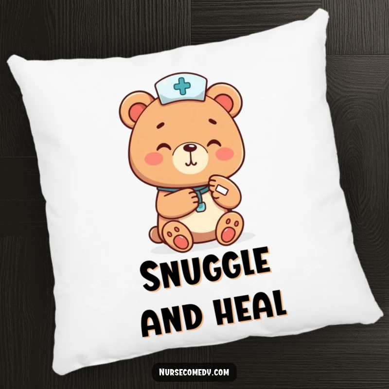 Funny bear nurse cheerfully bandaging a tiny paw, printed on a soft pillow, a humorous and comforting funny gift.