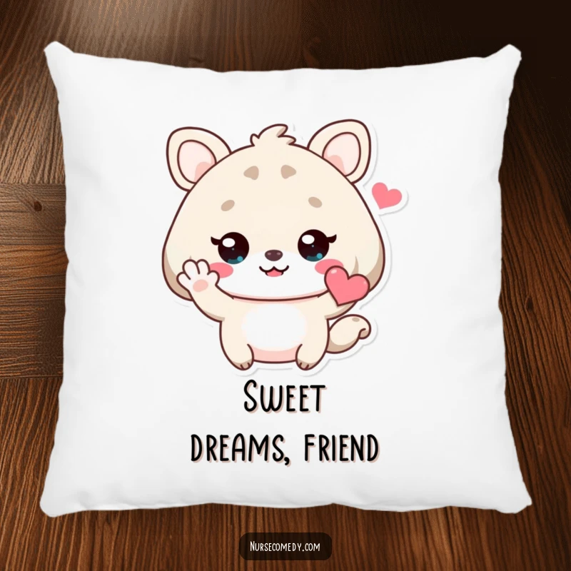 Funny Kawaii Animal Pillow with a cute character waving hello and holding a heart, designed for cozy and friendly vibes.