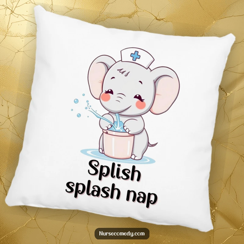 Funny Kawaii Elephant Nurse Pillow, soft cartoon character joyfully splashing water with a bucket, perfect for cozy and cheerful decor.