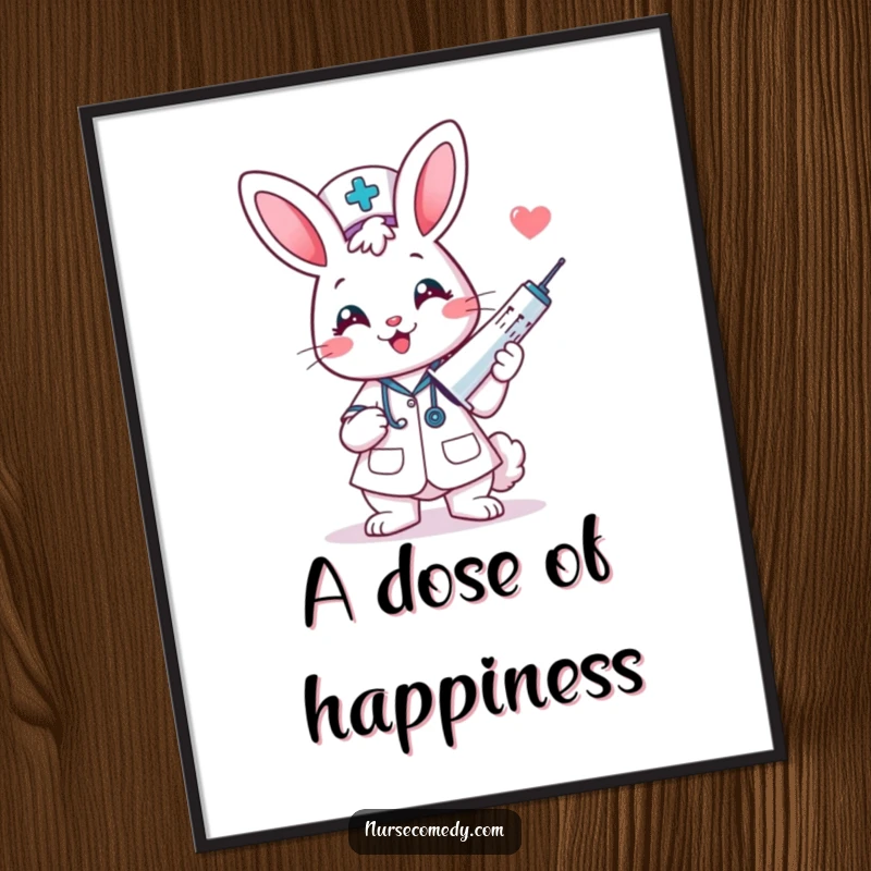 Funny kawaii bunny nurse smiling and holding a giant syringe, presented as humorous digital art.