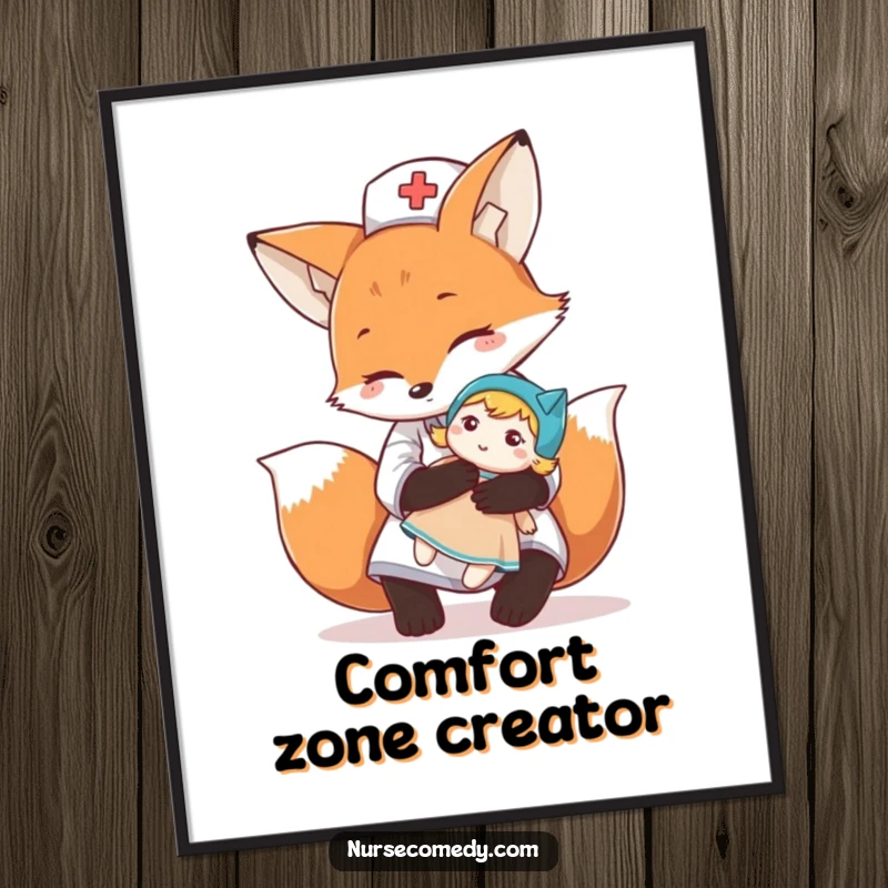 Funny fox nurse character giving a comforting hug to a doll, printable digital art for heartwarming home decor.