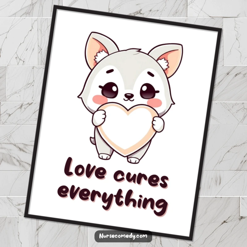 Funny Health Animal Digital Art Print: Illustration of a winking animal character holding a giant heart-shaped pill.