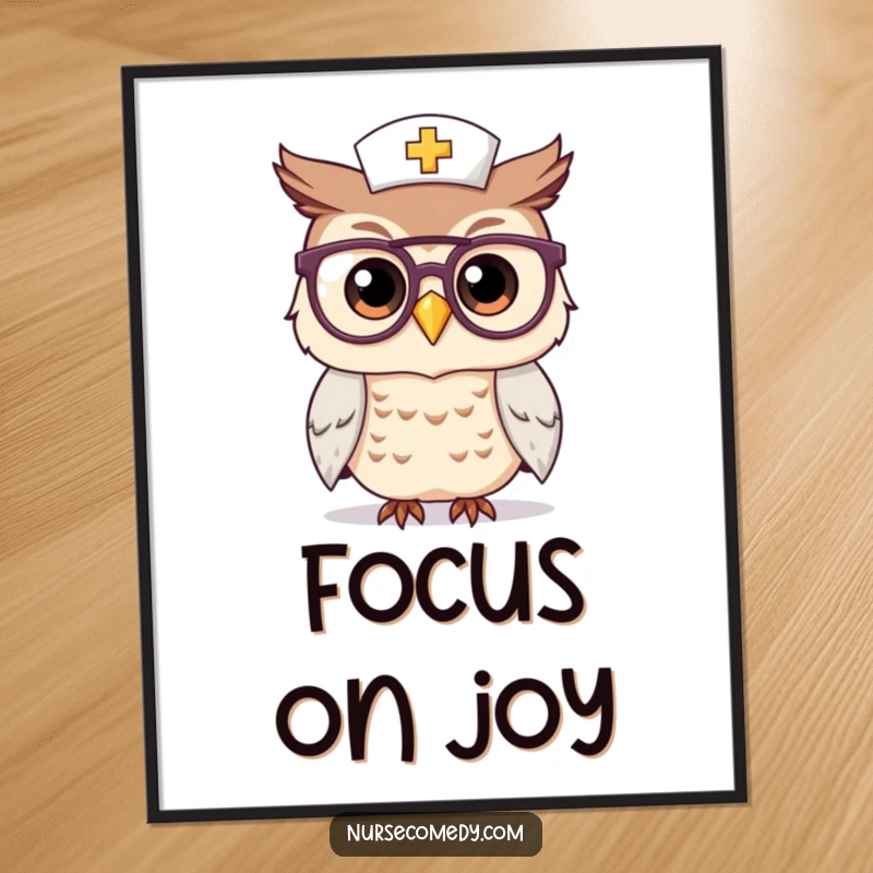 Funny Kawaii Owl Nurse Digital Art Print: A digitally rendered image of a cute owl nurse with large spectacles, exuding wisdom and charm for wall art.