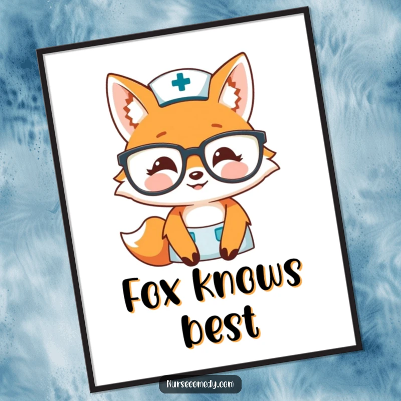 Funny fox nurse digital art print showing a smiling fox over large glasses, ready for instant download and display.