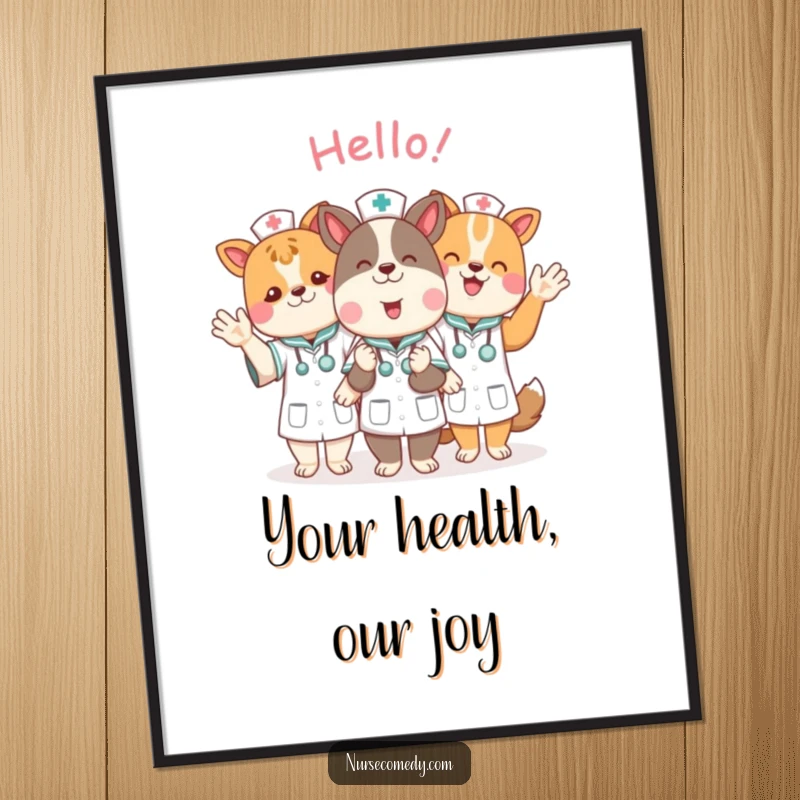 Funny animal nurse characters waving hello, captured in a high-resolution digital art print for immediate download.