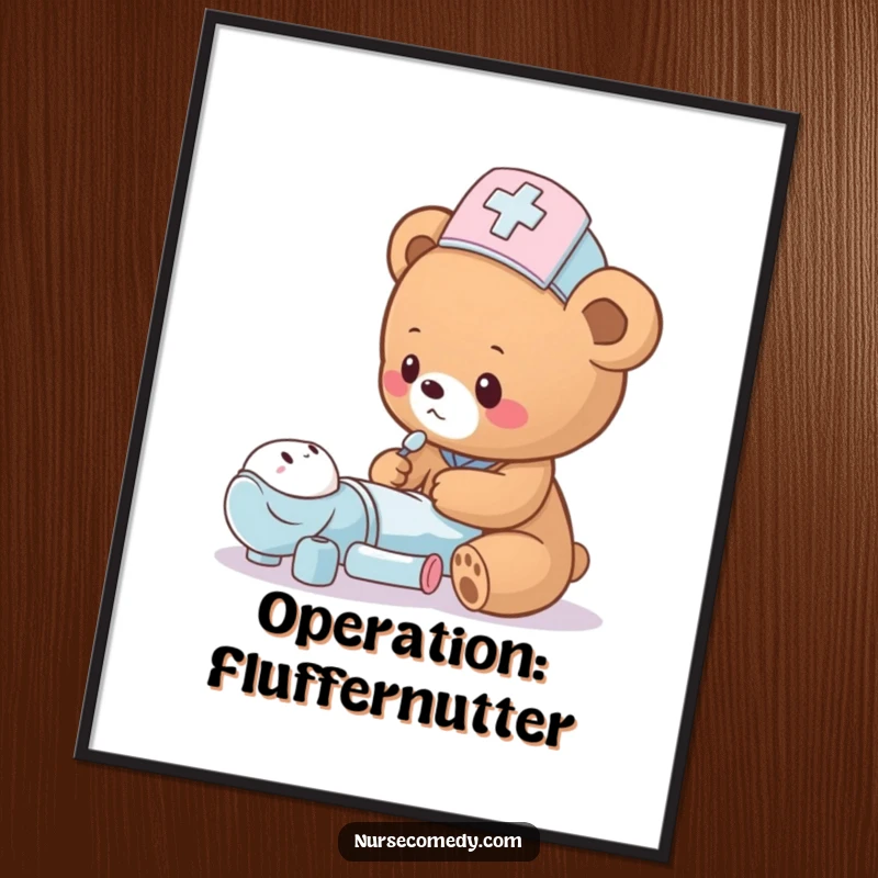 Funny digital art of a bear cub nurse humorously checking a toy patient, ideal for charming wall decor.