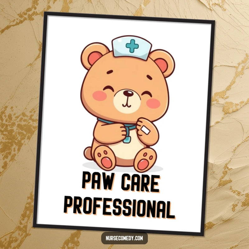 Funny cheerfully bandaging bear nurse with a tiny paw, ready as a digital art print for instant humorous wall decor, a perfect funny gift.