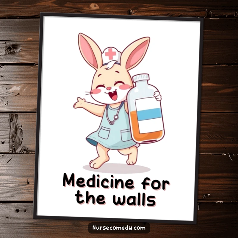 Funny bunny nurse digital art print, a jumping character comically giggling with a large medicine bottle, instant wall decor, funny gift.