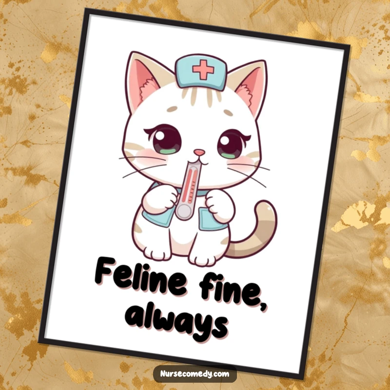 Funny cat nurse digital art print showing a curious cat with a thermometer, ready for instant download and display.
