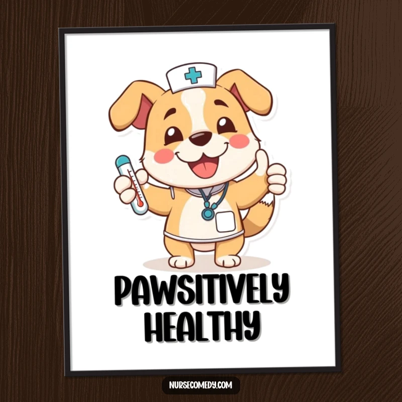 Funny dog nurse character, downloadable art print, wagging tail, thumbs up, thermometer, conveying joy and health for any use.