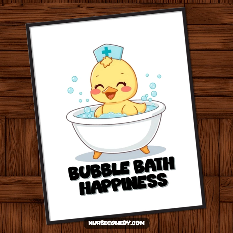 Funny Duckling Nurse Digital Art Print: High-quality illustration of a happy duckling doctor splashing in a bubbly bathtub.