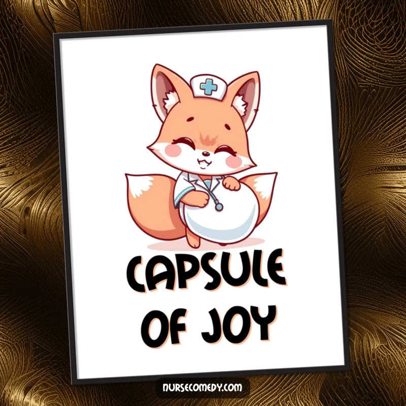 Funny Kawaii fox nurse hiding behind a giant pill capsule as a downloadable digital art print, playful.