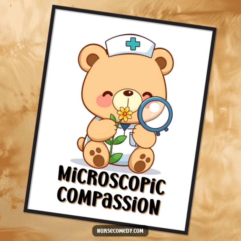 Funny kawaii bear nurse digital art print examining a tiny flower with a magnifying glass, perfect for sweet decor.