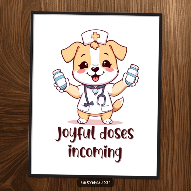 Funny digital artwork of a kawaii dog nurse energetically juggling an array of medicine bottles with an expression of pure, unbridled glee.