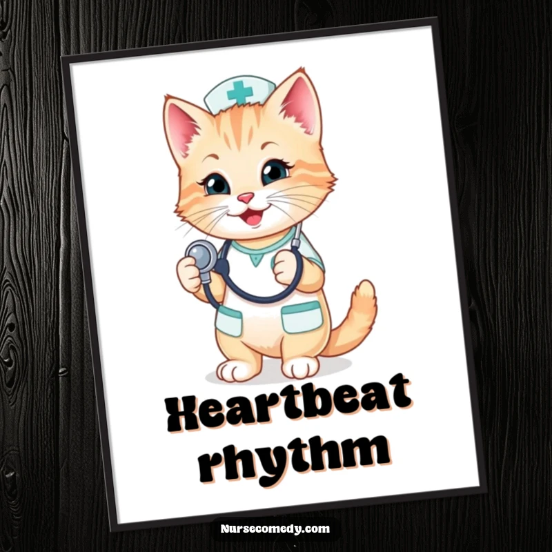 Funny Kitten Nurse Digital Art: A cute kitten nurse playfully holds a stethoscope, creating a downloadable piece of heartwarming wall art.