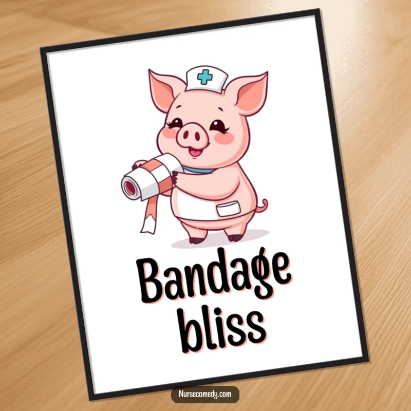 Funny Pig Nurse Digital Art Print: gleeful pig with a bandage roll, instant funny gift.