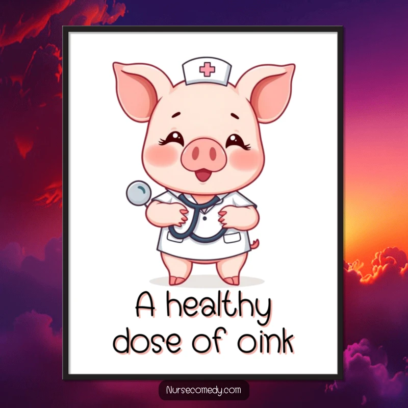 Funny piglet nurse character happily tapping a stethoscope on a chest, ideal for humorous digital art.