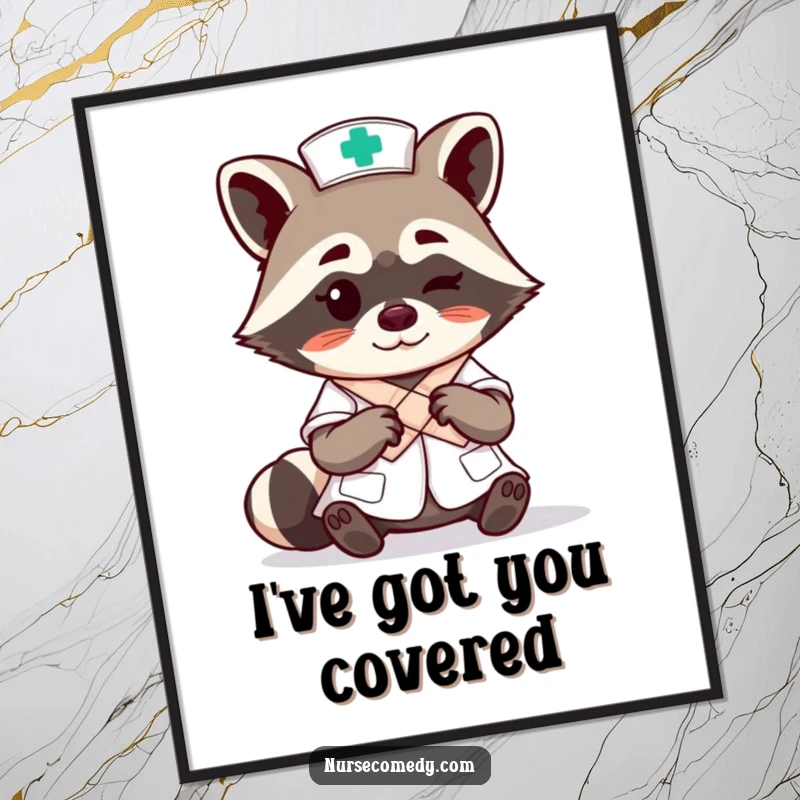 Funny raccoon nurse character expertly tying a bandage with a wink, printable digital art celebrating medical professionals.