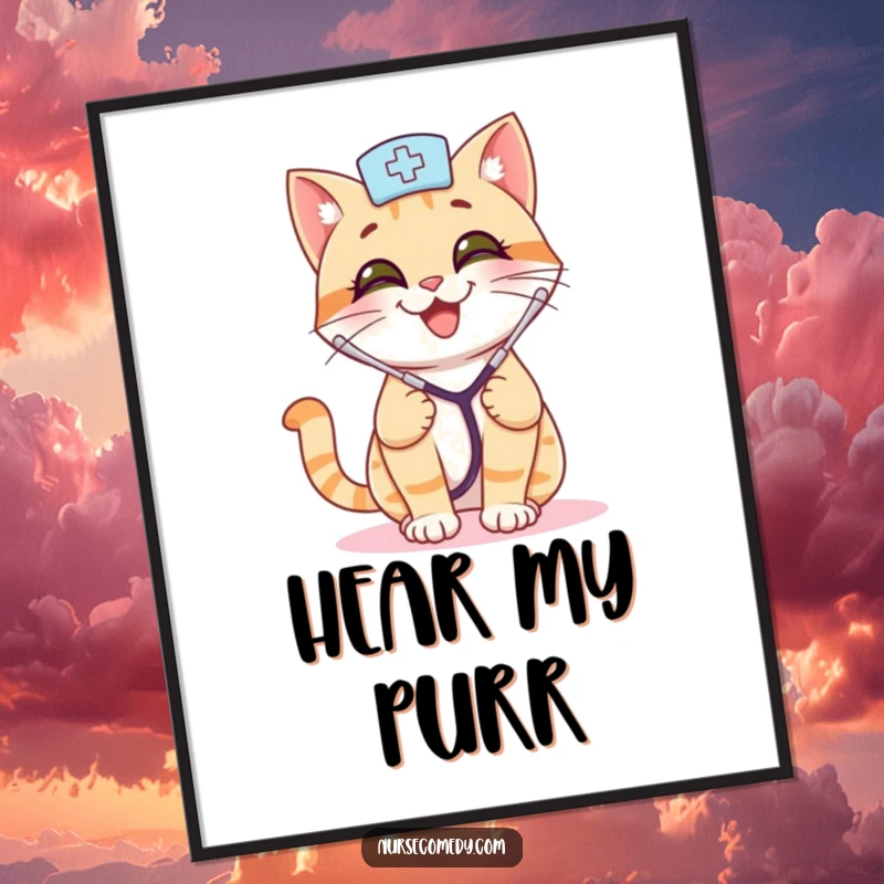 Funny cat nurse digital print of a smiling cat with a stethoscope, bouncing playfully, ready for instant download and humorous decor.