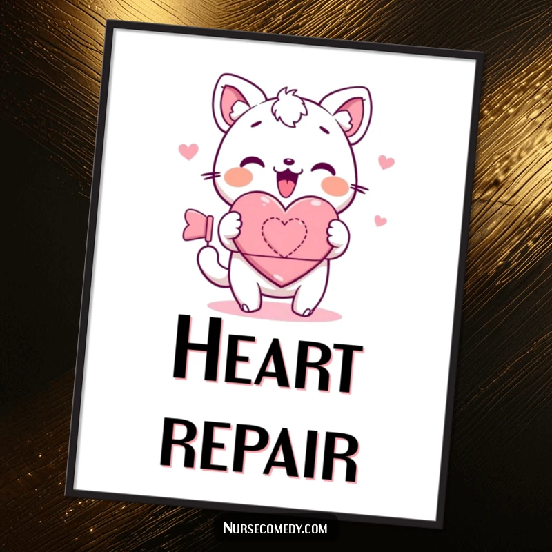 Kawaii digital art print of a cute animal character rolling a heart bandage, perfect for creating a warm, healing, and adorably comforting atmosphere.