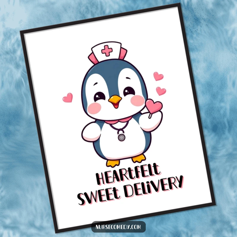 Funny Penguin Nurse Digital Art showcasing a joyful penguin character in nurse attire, gleefully handing out heart candies, ready for printing.