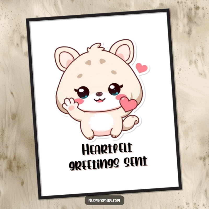Funny Kawaii Animal Digital Art Print of a cute character waving hello with a heart, radiating friendliness and warmth.