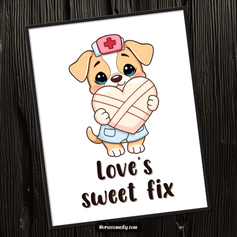 Funny Kawaii Puppy Nurse Digital Art Print: A heartwarming digital image of a cute puppy nurse character holding a bandaged heart, perfect for digital display.