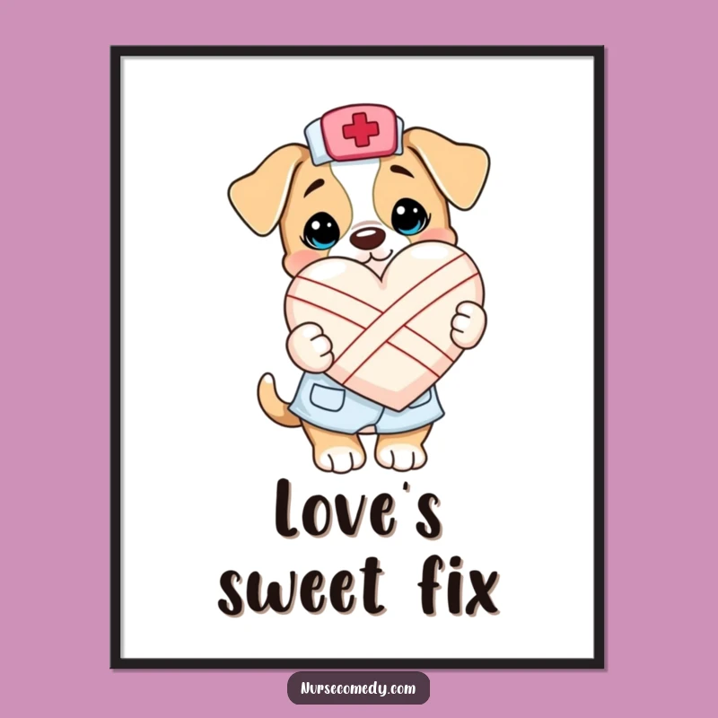 Funny Kawaii Puppy Nurse Digital Art Print: Instant Download Cute Heart-Healing Wall Decor