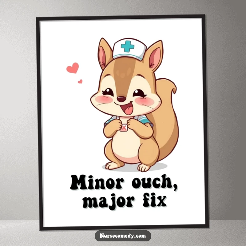 Funny squirrel nurse character enthusiastically bandaging a tiny boo-boo, ideal for humorous digital art.