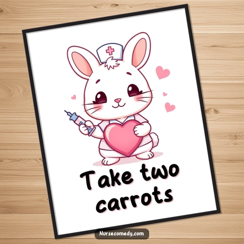 Funny rabbit nurse digital print of a winking bunny holding a syringe and heart, ready for instant download and humorous decor.
